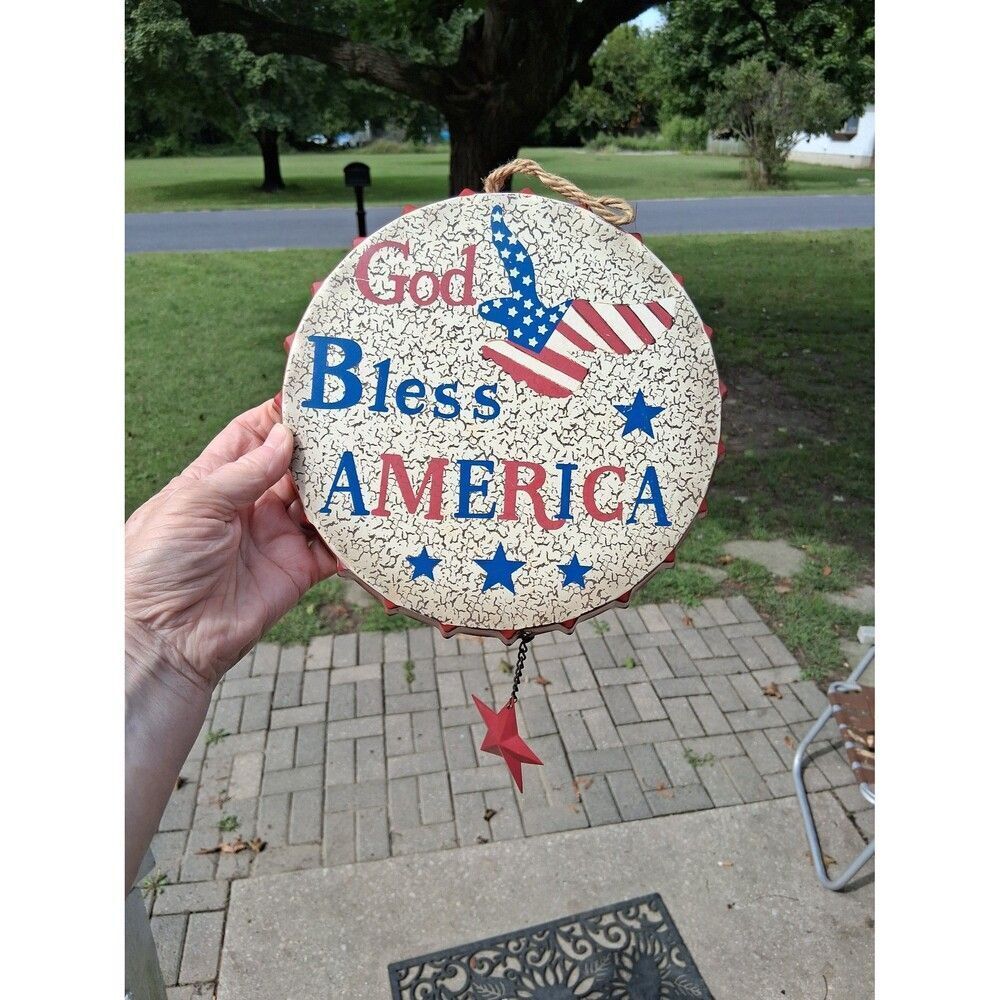 Metal Large Bottle Cap Sign God Bless America Flag Star Americana